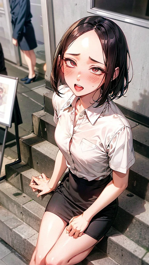 Stairs in the background,masterpiece,Highest quality,High resolution,Anatomically correct,business suit,Short Sleeve Button Down Shirt,Pencil Skirt,Sweat,barefoot,Glowing Skin,blush,Ahegao,Forehead,Bob,ID card,vibrator,male5人,male,Surrounded