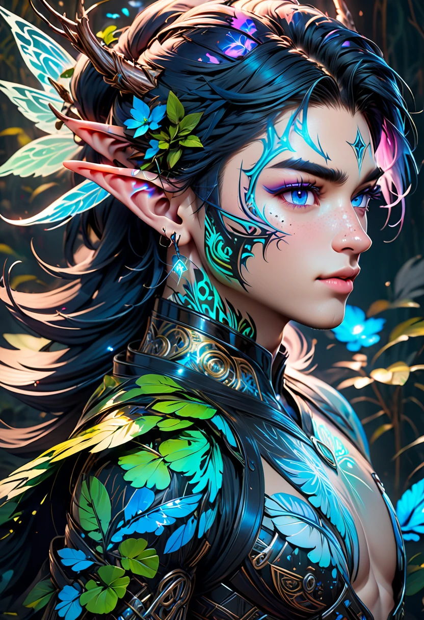 2 guys ethereal demonic 25 year old anime guy male druids, with metallic long hair, delicate masterpieceintimate delicate etched glowing neon tattoos, Fabulous full view painting of a winking beautiful and gorgeous elf ((male)) almostkissing, perfect face, blue/black pastel eyes, long white/black wisp hair, freckles, piercings and tattoo foil print neonbody art, laboratory experiment, perfect anatomy, centered, almost perfect, dynamic, very detailed, glowing, artstation, concept art, soft and sharp focus, art by Carne Griffiths and Wadim Kashin, airbrush graffiti techniques, high-definition accent lighting, epic, elven atmosphere, contrasted with vibrant paint colors., futuristic cyborg in the year 2950,