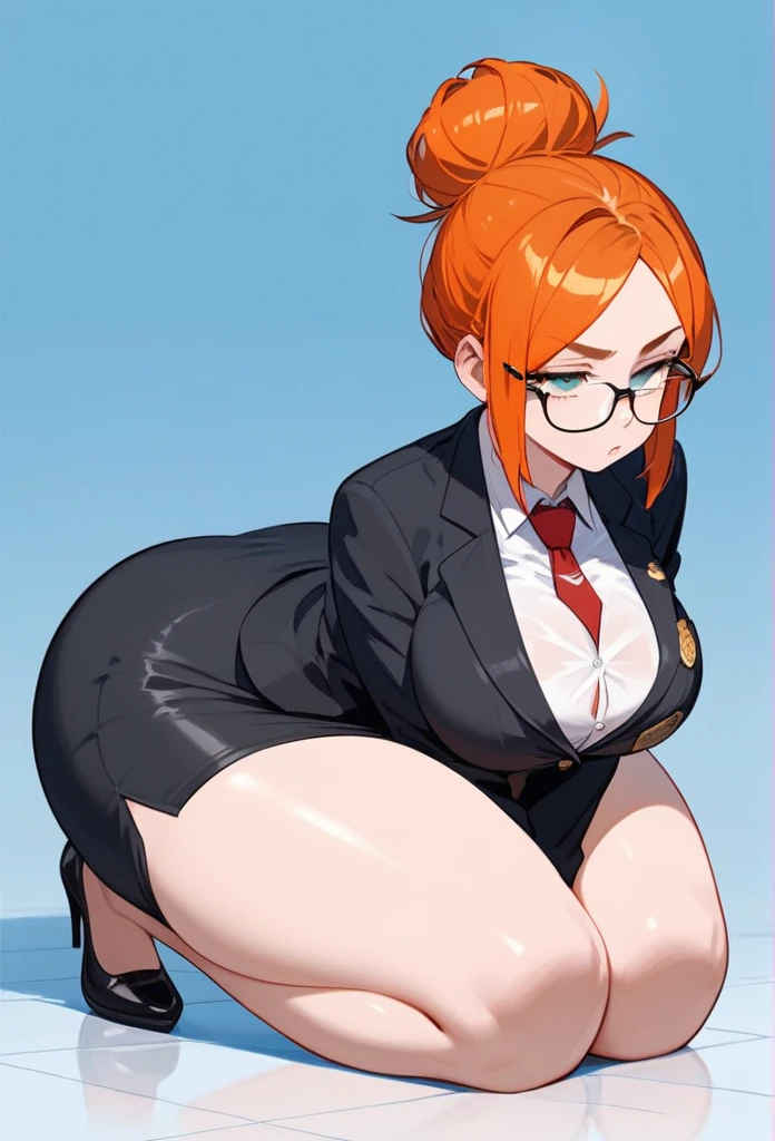 pale adult woman, large breasts, very thick thighs, massive thighs, wide hips, short ginger hair in a sleek hairbun, glasses, tight black blazer, tight black pencil skirt, mid-thigh black pencil skirt hem, thick thighs pressed together, very thick legs, thick calves, wearing black high heels, bored expression, strict teacher, facing forward, legs and feet in the photo, crossing arms under her chest, straight face, raised eyebrow, full body shown, voluptuous, detailed face, 8k quality, toes pointed inward, full body shown, staring, laying on floor, kneeling, blowjob, eyes rolling up