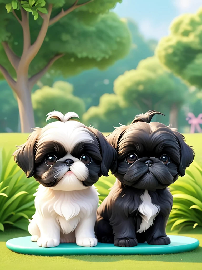 2 adorable small black Shih Tzu puppies Close one eye:1.6),3D Rendering,park background,close up,chibi anime,Surrealism,cartoon Q version