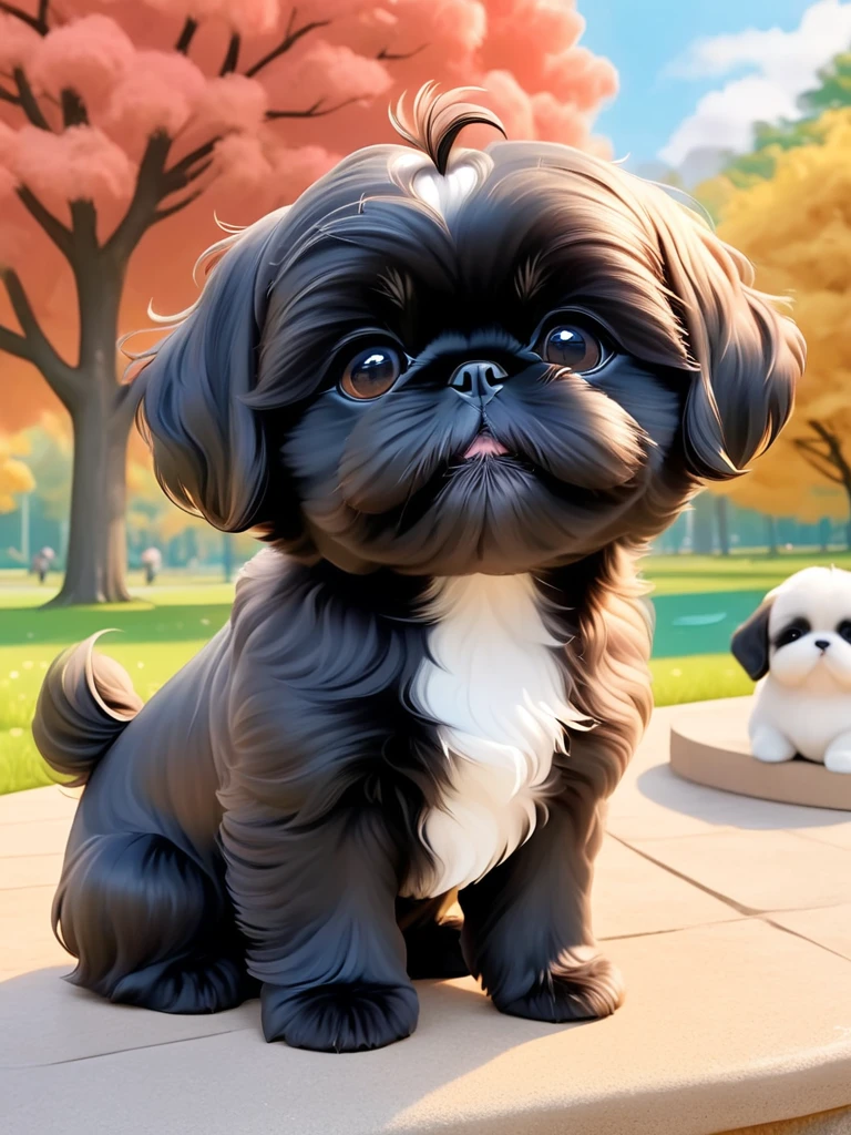 2 adorable small black Shih Tzu puppies Close one eye:1.6),3D Rendering,park background,close up,chibi anime,Surrealism,cartoon Q version
