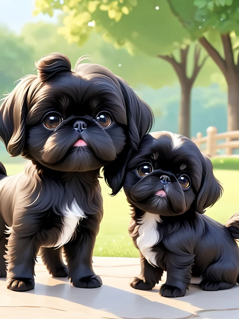 2 adorable small black Shih Tzu puppies Close one eye:1.6)，3D Rendering，park background，close up，chibi anime，Surrealism，cartoon Q version