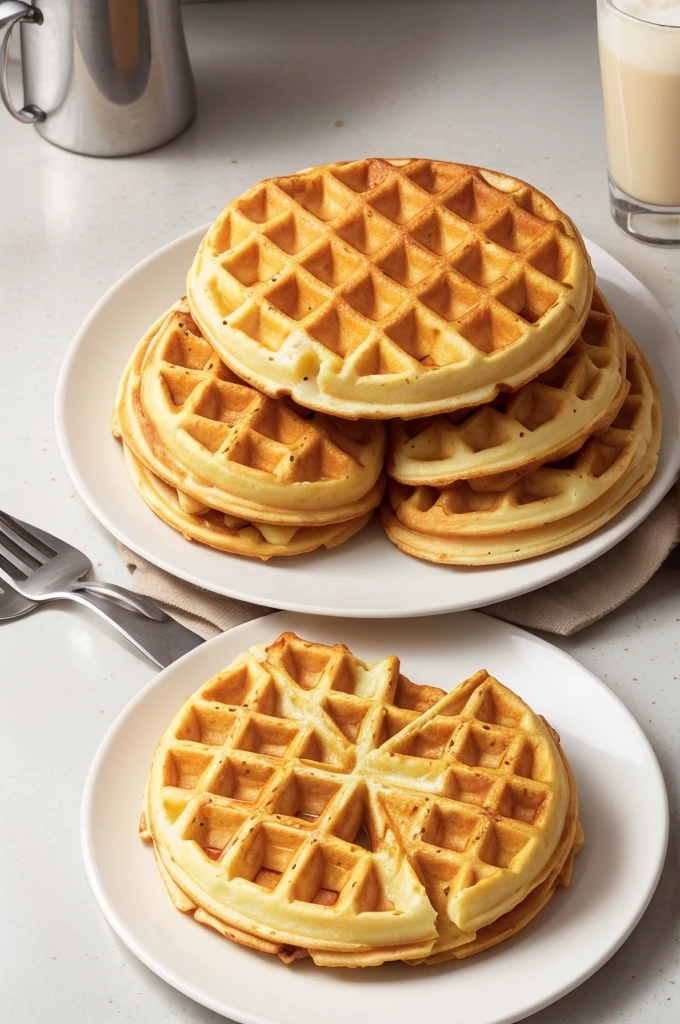 A Round Salted Cheese Waffle Broken In Half With Cheese Stretched On Snack Plate