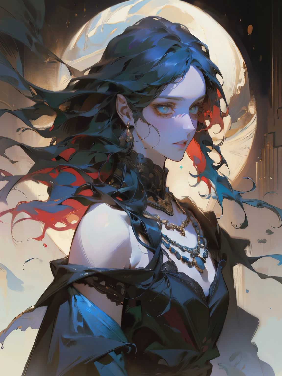 a beautiful detailed girl with long blue hair, a blue dress, and a necklace, looking directly at the viewer, standing against a detailed background, (best quality,4k,8k,highres,masterpiece:1.2),ultra-detailed,(realistic,photorealistic,photo-realistic:1.37),HDR,UHD,studio lighting,ultra-fine painting,sharp focus,physically-based rendering,extreme detail description,professional,vivid colors,bokeh,portrait,fantasy