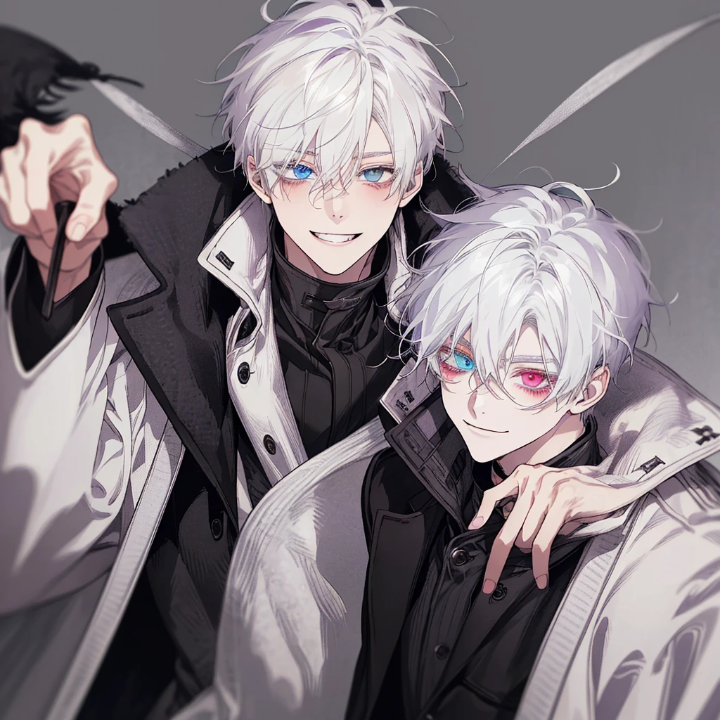 1 young boy、One with white hair、purplish white eye smile、short messy hair、portraite 、bonitas 、heterochromia 、hair covering right eye、evil smile、black overcoat