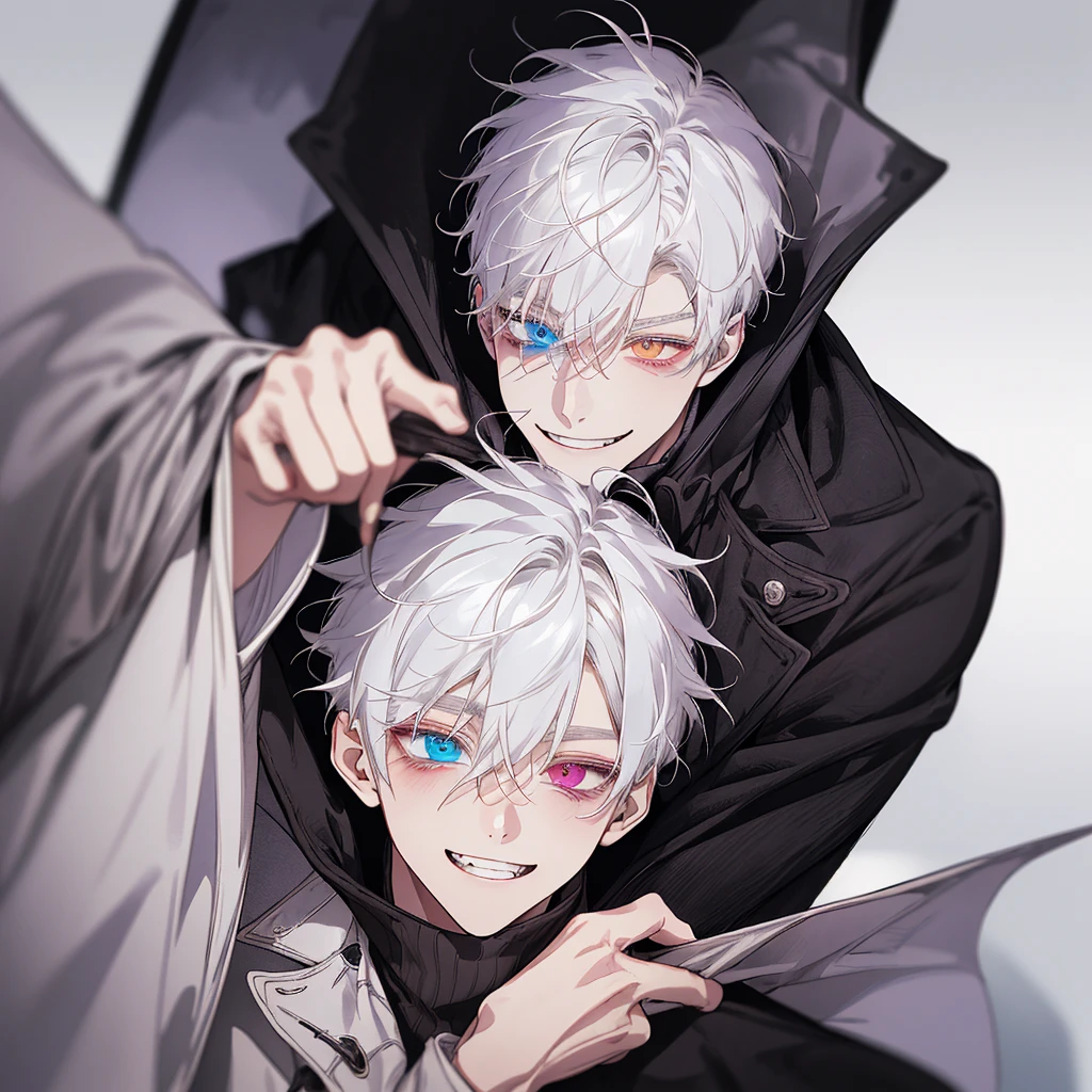 1 young boy、One with white hair、purplish white eye smile、short messy hair、portraite 、bonitas 、heterochromia 、hair covering right eye、evil smile、black overcoat