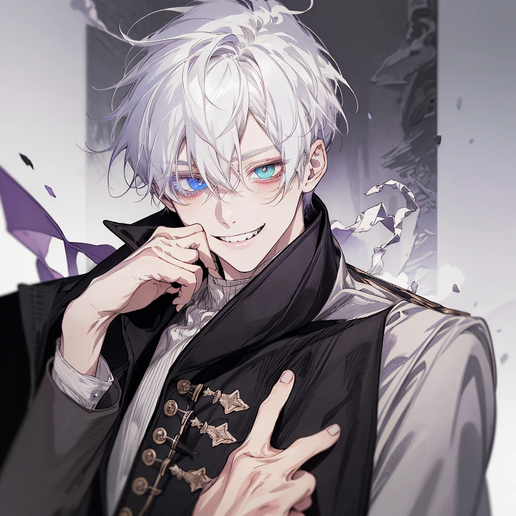 ung boy、One with white hair、purplish white eye smile、short messy hair、portraite 、bonitas 、heterochromia 、hair covering right eye、evil smile、black overcoat