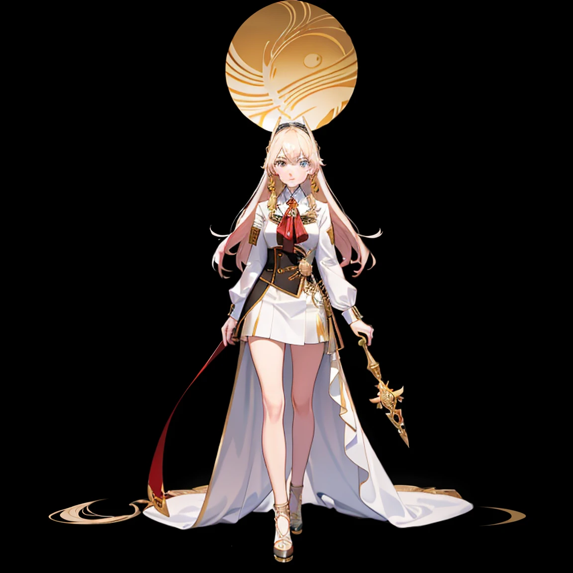 ((full body photo, standing, feet on the ground)) ((masterpiece,best quality)),(3girl:1.2), solo, beautiful detailed eyes, detailed face, (full body:1.2), white long hair, red eyes,small breast, (black background:1.1), bloody particles,blood on the face,
Silver wavy hair, blue eyes, gorgeous white long dress, reverent, beautiful woman, benevolent smile, headdress, gold shoes, anime, temple background, unexposed