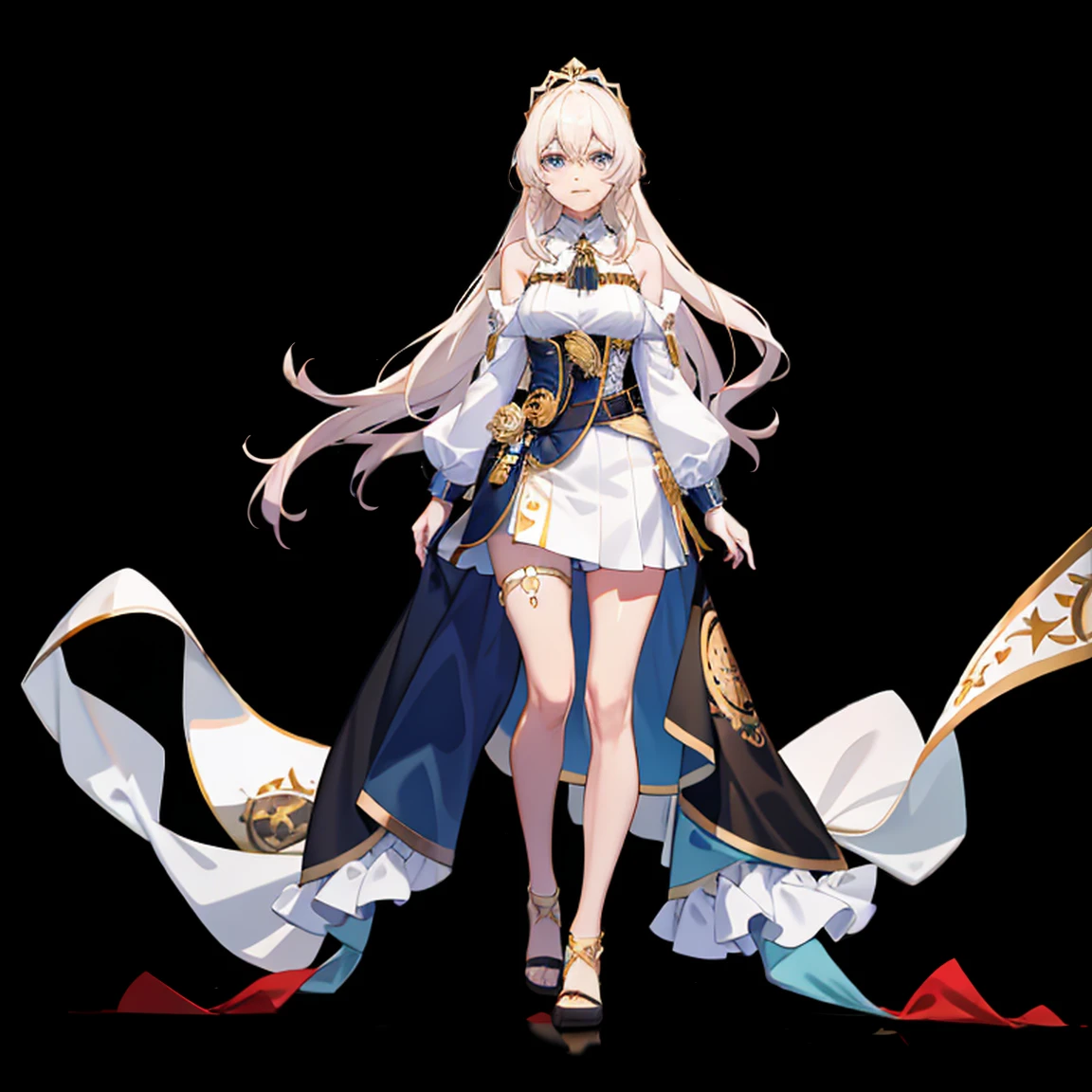 ((full body photo, standing, feet on the ground))  ((masterpiece,best quality)),(3girl:1.2), solo, beautiful detailed eyes, detailed face, (full body:1.2), white long hair, red eyes,small breast, (black background:1.1), bloody particles,blood on the face,
Silver wavy hair, blue eyes, gorgeous white long dress, reverent, beautiful woman, benevolent smile, headdress, gold shoes, anime, temple background, unexposed