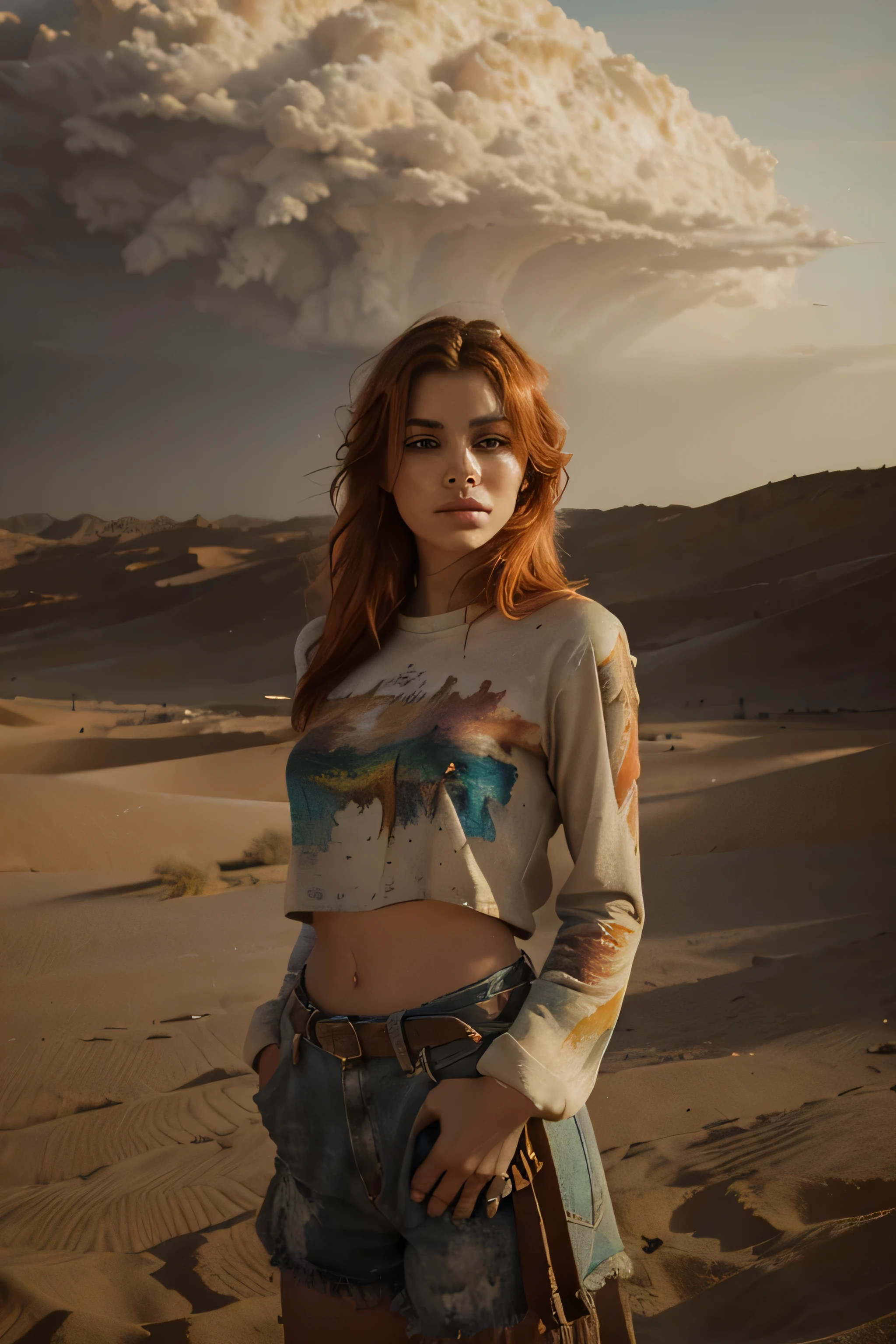 (masterpiece), cartoon, best quality,(photo_(medium):1.0), by Antonio J. Manzanedo, by Jeremy Lipking, lightning, in a surreal sand desert landscape, heavy big sandstorm. painting style with watercolor, Brushstrokes, black eyes,colorful,vibrant colors,1 ultra hot gorgeous European woman. orange hair. Casual sexy deep-low-cut clothes.