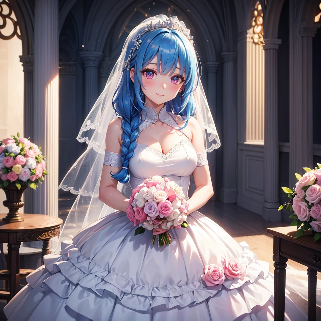 Sky Blue Medium Hair, (Braided Hair),(Pink Eyes),Fair skin ,(whole body),(1 girl),bride,A big smile,Straight bangs, 6月のbride,Wedding dress,(masterpiece, Highest quality, Very detailed, Best Shadow), (Detailed Background), (Beautifully detailed face), High Contrast, (Best lighting, Very delicate and beautiful), ((Cinematic Light)), colorful, Hyper Detail, Dramatic Light, Intricate details,Wedding hall,colorfulな花のブーケ,