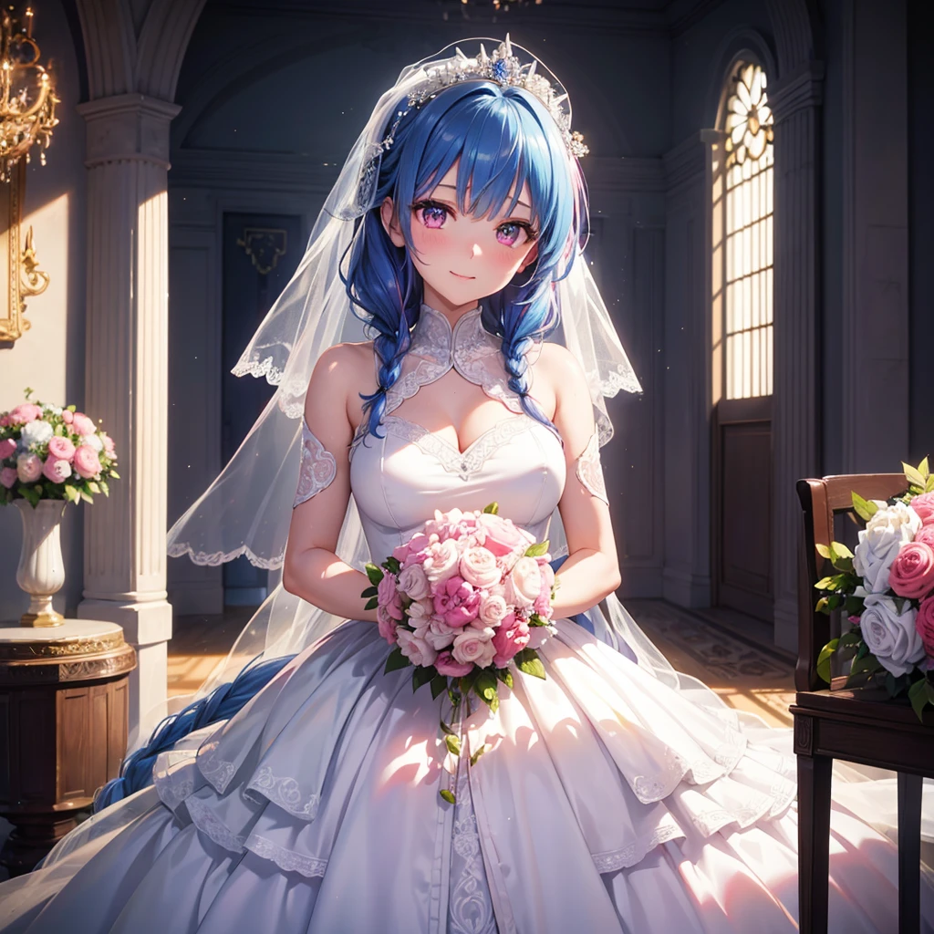 Sky Blue Medium Hair, (Braided Hair),(Pink Eyes),Fair skin ,(whole body),(1 girl),bride,A big smile,Straight bangs, 6月のbride,Wedding dress,(masterpiece, Highest quality, Very detailed, Best Shadow), (Detailed Background), (Beautifully detailed face), High Contrast, (Best lighting, Very delicate and beautiful), ((Cinematic Light)), colorful, Hyper Detail, Dramatic Light, Intricate details,Wedding hall,colorfulな花のブーケ,