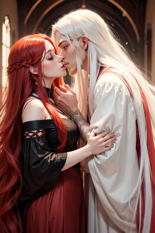 Woman with long red hair kissing man with long white hair
