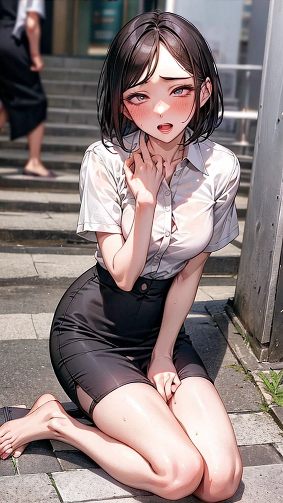 Stairs in the background,masterpiece,Highest quality,High resolution,Anatomically correct,business suit,Short Sleeve Button Down Shirt,Pencil Skirt,Sweat,barefoot,Glowing Skin,blush,Ahegao,Forehead,Bob,ID card,vibrator,male5人:2.0,,male,Surrounded