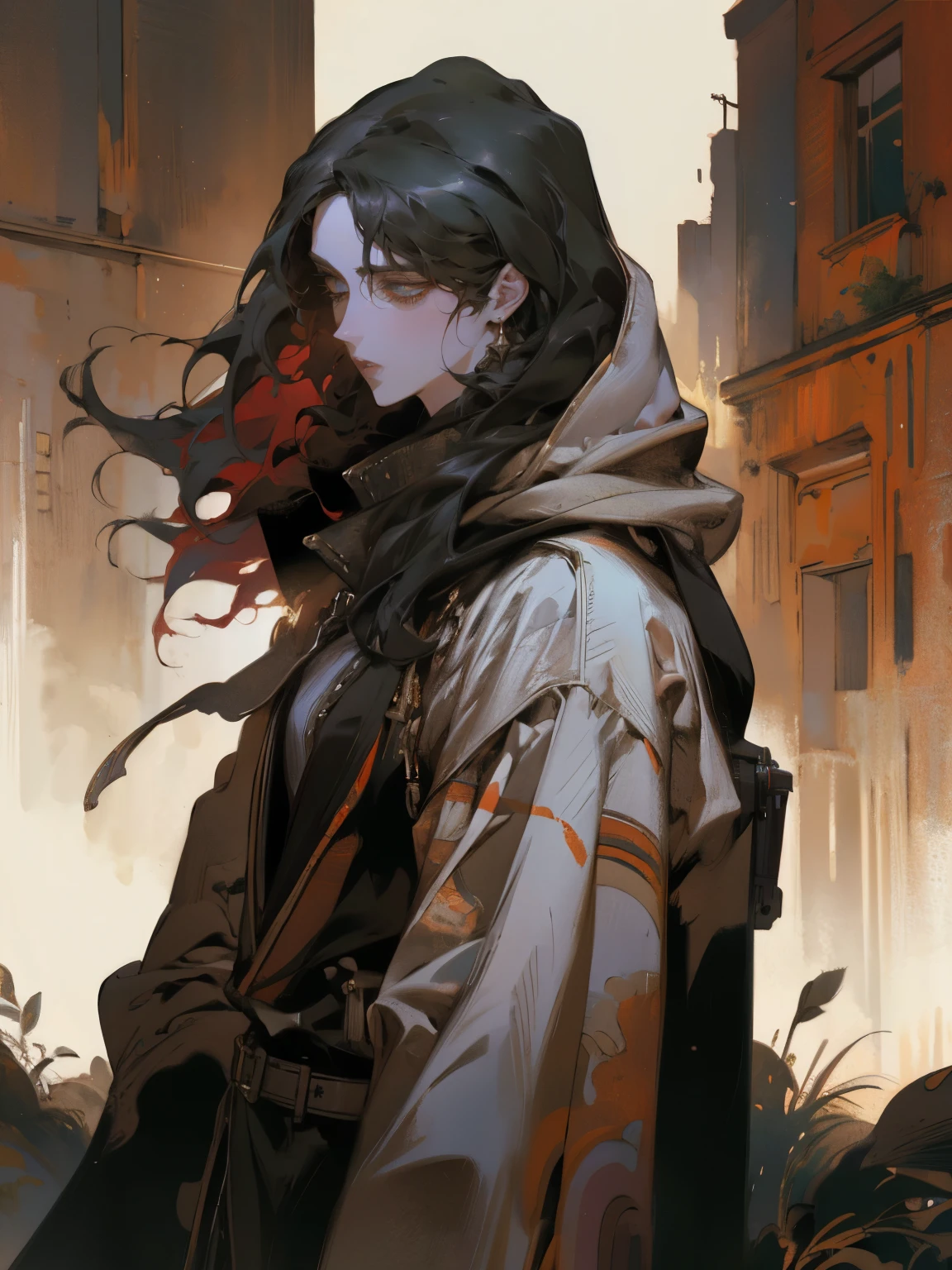 Create an anime-style male character with medium-length black hair featuring vibrant red highlights at the tips and framing the face. The character should have warm amber eyes and be wearing a black hoodie with a red interior lining. The background should be softly blurred to suggest an outdoor setting with some greenery, creating a serene and natural atmosphere. The overall color palette and lighting should convey a calm yet dynamic feel." standing against a detailed background, (best quality,4k,8k,highres,masterpiece:1.2),ultra-detailed,(realistic,photorealistic,photo-realistic:1.37),HDR,UHD,studio lighting,ultra-fine painting,sharp focus,physically-based rendering,extreme detail description,professional,vivid colors,bokeh,portrait,fantasy