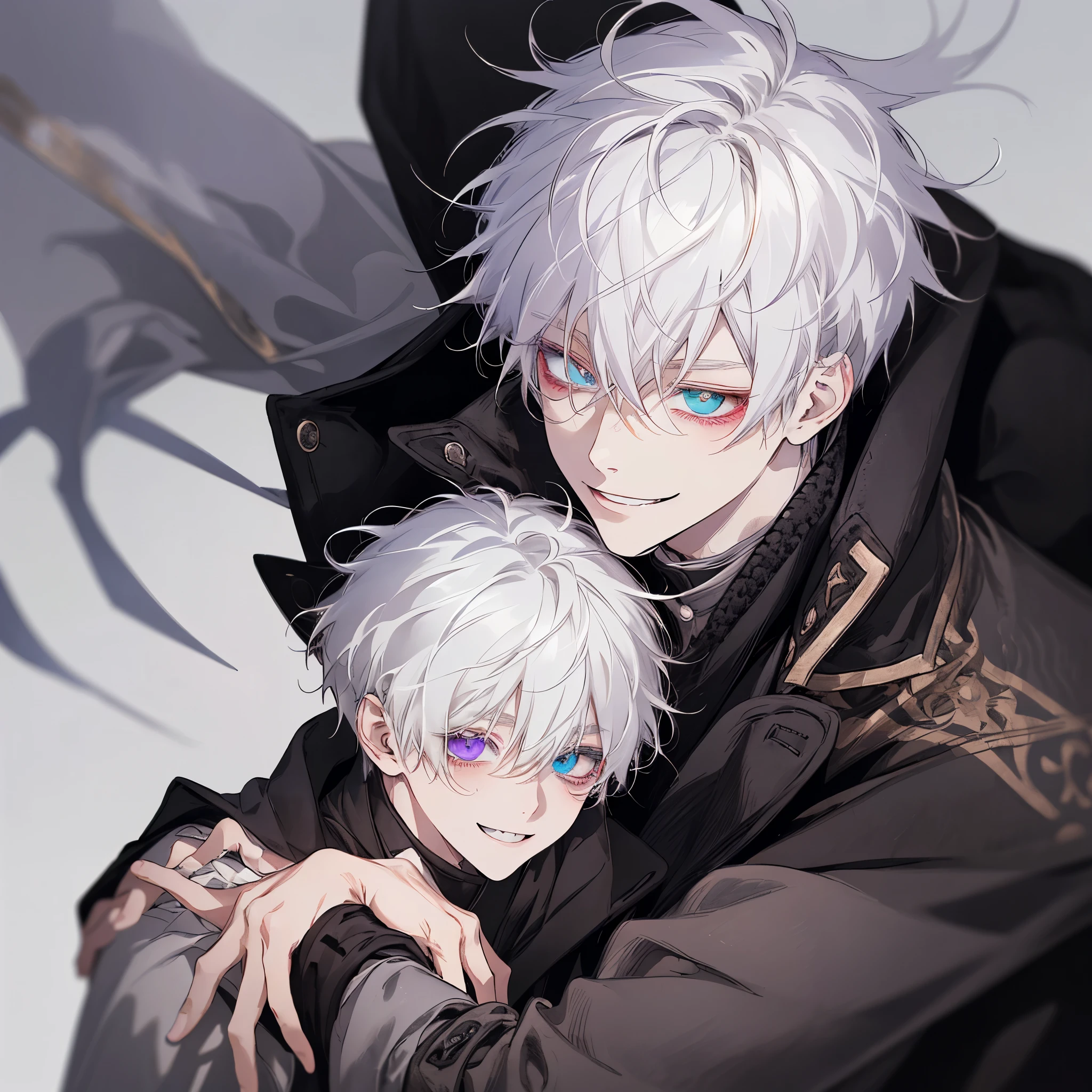 ung boy、One with white hair、purplish white eye smile、short messy hair、portraite 、bonitas 、heterochromia 、hair covering right eye、evil smile、black overcoat