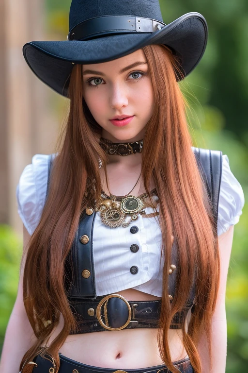 an steampunk girl at a , (white crop top:1.2), large breasts cleavage, hat, black and blue leather, hyper detailed, ultra sharp, long auburn hair, 8k, (insanely detailed:1.5), full body photograph, 20 megapixel, canon eos r3, detailed skin, pale skin, outside