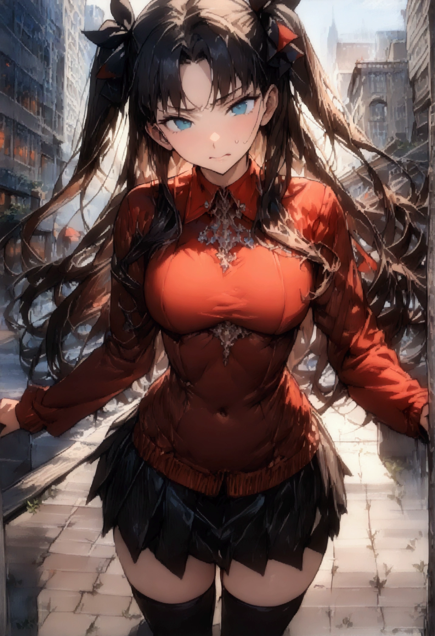 ((absurdres)), (((best Quality))), ((ultra detailed)), ((illustration)), full resolution, hdr, 5k, (Masterpiece, Best quality:1.4), (Beautiful, Aesthetic, Perfect, Intricate:1.2), (ultra resolution:1.2), (ultra detailed), 1girl, rin tohsaka, aqua eyes, black hair, black hair ribbon, long hair, ribbon, sidelocks, two side up, parted bangs, black skirt, black thigh highs, long sleeves, miniskirt, pleated skirt, red sweater, turtleneck, (((disgusted face))), (looking down at viewer), looking down, in a city, buildings, sidewalk