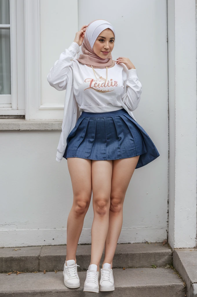 trileg, beautiful woman with three curvy legs, casual outfit with skirt, casual white sneakers, age 29, Irish, hijab