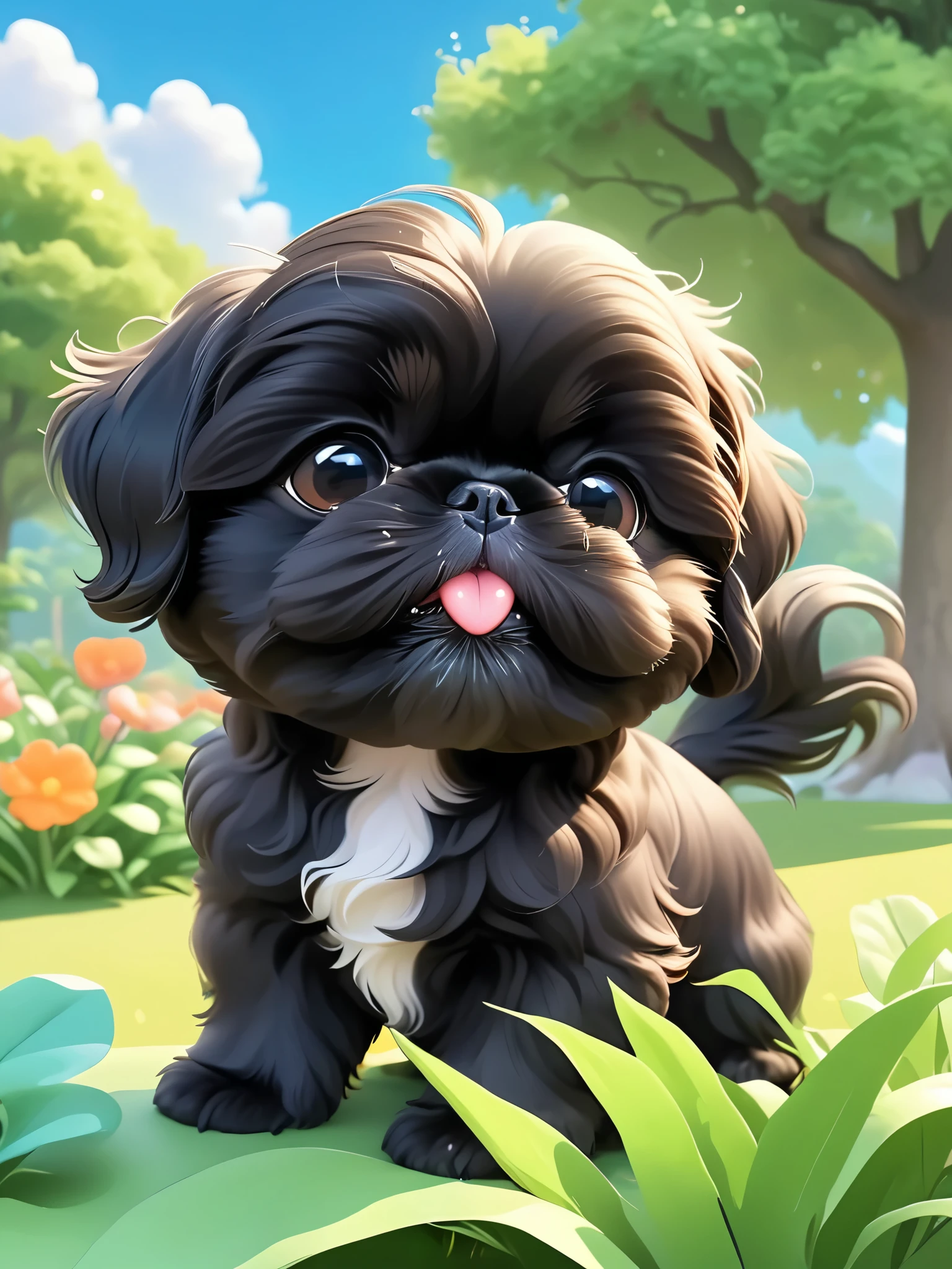 2 adorable small black Shih Tzu puppies Close one eye:1.6),3D Rendering,park background,close up,chibi anime,Surrealism,cartoon Q version