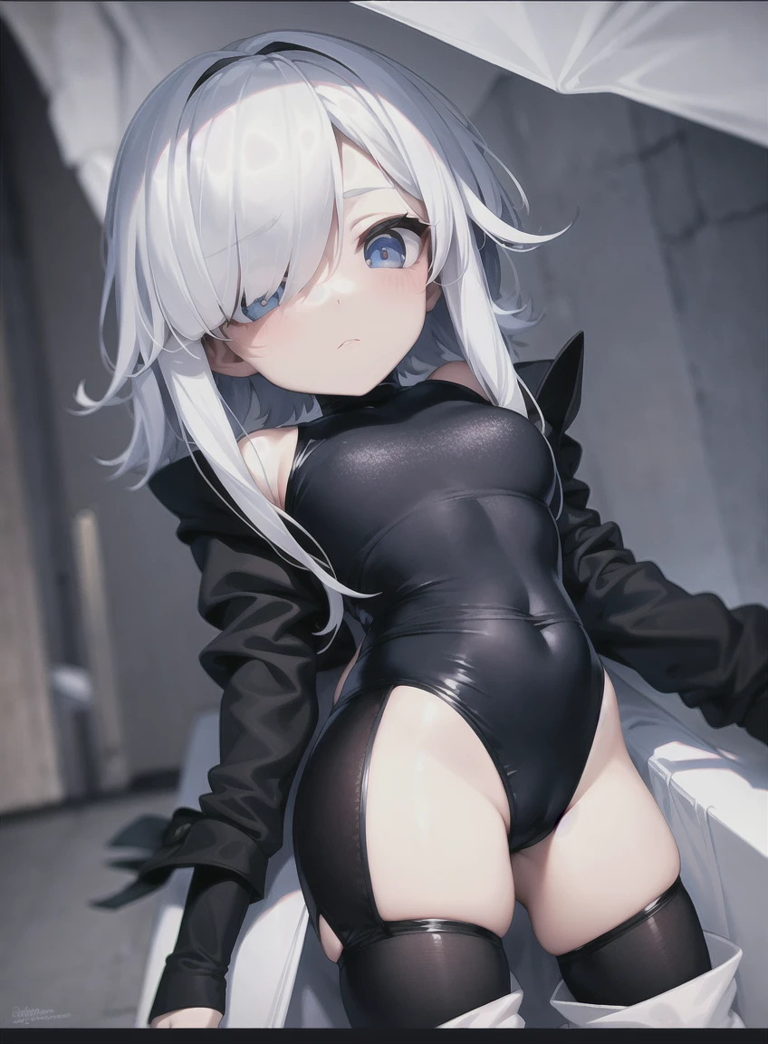 White hair girl, face with a calm expression looking up, vestimentas : black swimsuit, black thigh high socks.