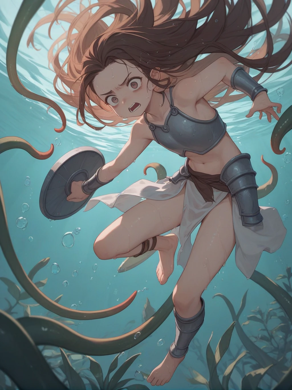 partially underwater,最high quality,high quality, , Long Hair, Brown Hair, Wet Hair, Flat Chest,Dark Underground Labyrinth,No light,Cloth armor,Equipped with a dagger and a shield,Face above water,Corpses in the water, Underwater Photography,The lobe rolls up due to buoyancy.,Painful face、My feet are being pulled by tentacles、Being dragged into the water、Go Wild