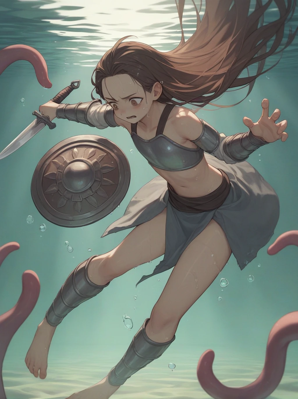 partially underwater,最high quality,high quality, , Long Hair, Brown Hair, Wet Hair, Flat Chest,Dark Underground Labyrinth,No light,Cloth armor,Equipped with a dagger and a shield,Face above water,Corpses in the water, Underwater Photography,The lobe rolls up due to buoyancy.,Painful face、My feet are being pulled by tentacles、Being dragged into the water、Go Wild