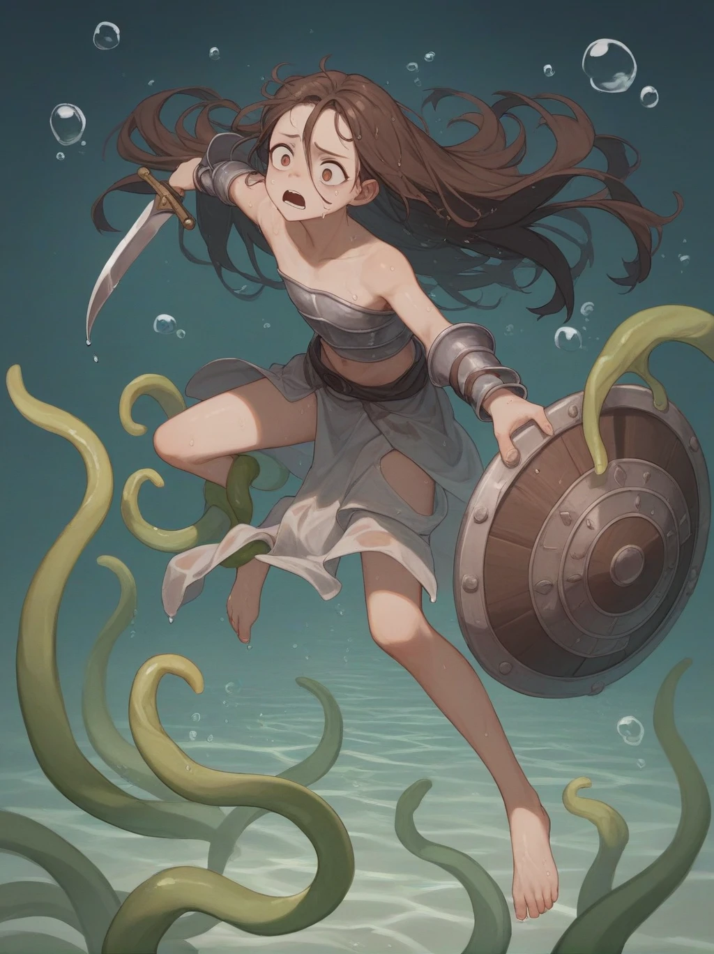 partially underwater,最high quality,high quality, , Long Hair, Brown Hair, Wet Hair, Flat Chest,Dark Underground Labyrinth,No light,Cloth armor,Equipped with a dagger and a shield,Face above water,Corpses in the water, Underwater Photography,The lobe rolls up due to buoyancy.,Painful face、My feet are being pulled by tentacles、Being dragged into the water、Go Wild