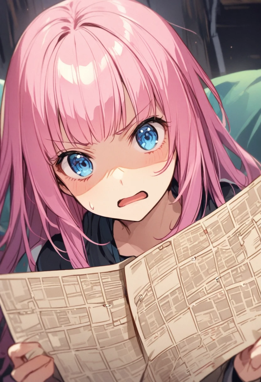 A scene from a movie、Upper Body、Lost Underground、lost、View a folded paper map、Troubled face、Girl with pink hair、blue eyes