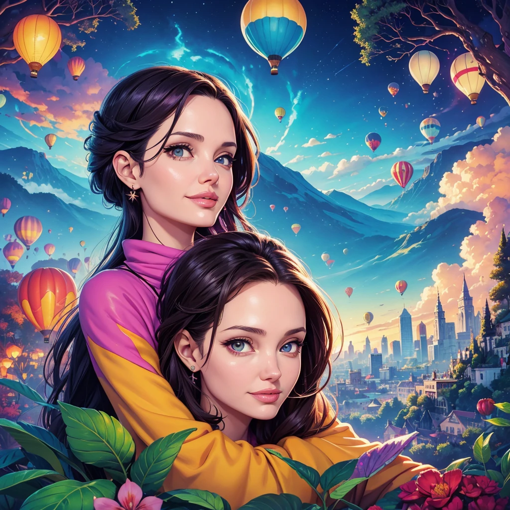 a painting of gigantic woman's head with face of Winona Ryder morphed with Angelina Jolie with colorful hair in a shape of tree and lianas, a neck growing out of the ground, dalightful smile, a city skyline, hot air balloons, flying bulbs and plant trees in the air, beeple and jeremiah ketner, dan mumford tom bagshaw, colorfull digital fantasy art, inspired by Cyril Rolando, inspiring digital art, colorful digital painting, paint splashes, paint driping, gorgeous digital art, beautiful art uhd 4 k, stunning digital illustration, vibrant digital painting, stylized digital art