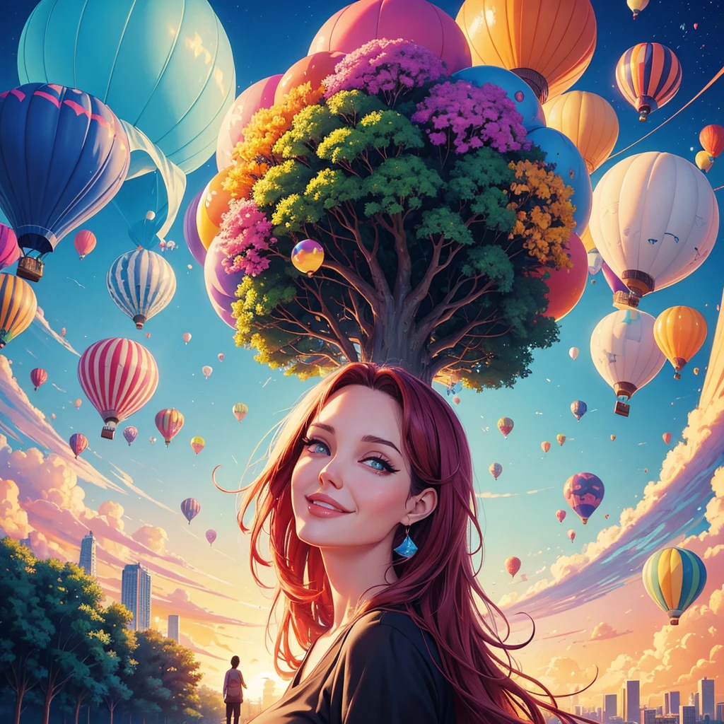 a painting of gigantic woman's head with face of Winona Ryder morphed with Angelina Jolie with colorful hair in a shape of tree and lianas, a neck growing out of the ground, dalightful smile, a city skyline, hot air balloons, flying bulbs and plant trees in the air, beeple and jeremiah ketner, dan mumford tom bagshaw, colorfull digital fantasy art, inspired by Cyril Rolando, inspiring digital art, colorful digital painting, paint splashes, paint driping, gorgeous digital art, beautiful art uhd 4 k, stunning digital illustration, vibrant digital painting, stylized digital art