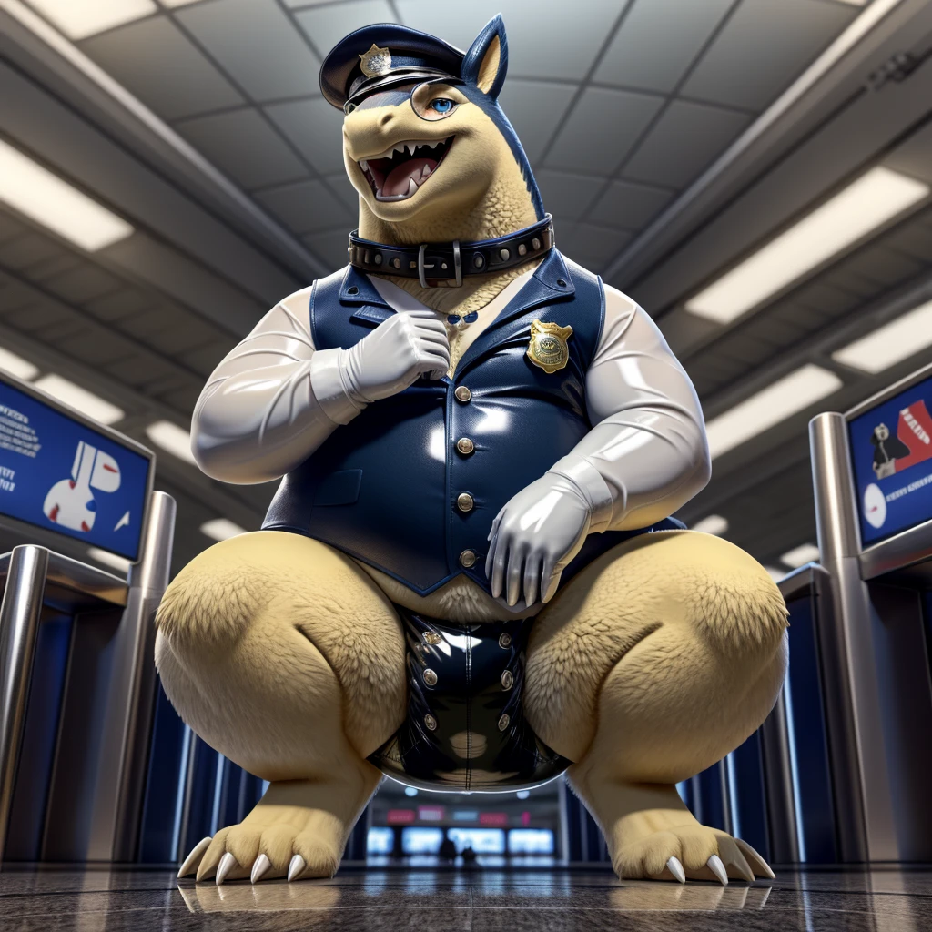 Solo, Male, fat, squatting, extremely obese, gentleman, dapper Typhlosion, pooping in diaper, blue eyes, (soft shading), 4k, hi res, ((detailed face, detailed)), looking at viewer, evil grin, Airport, TSA, TSA Uniform, collared shirt with buttons, hat, male focus, Police Uniform, glasses, monocle, vest with buttons, sleeves rolled up, round eyewear, headwear, vest, Typhlosion is wearing a glossy leather dog collar around the neck, Typhlosion is wearing the leather collar and shirt and vest at the same time, Typhlosion is wearing glossy white rubber gloves on the hands, wearing white rubber gloves on the feet, gloves are rubber in texture, mouth wide open, evil laugh, clenching fists, leather collar is glossy and shiny with a lot of detail, Typhlosion is wearing gloves and leather collar at the same time, leather collar has a round dog-tag, leather collar is thick and detailed, white rubber gloves on the feet, Typhlosion is wearing gloves and leather collar at the same time, leather collar has a round dog-tag, leather collar is thick and detailed, leather collar is glossy and shiny, fancy clothing, dapper vest, dapper shirt, leather collar is thick, glossy leather collar, Typhlosion is wearing a dirty diaper