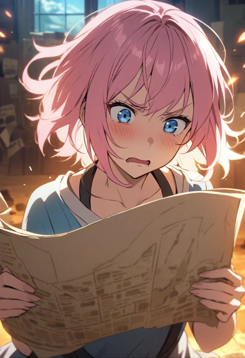 A scene from a movie、Upper Body、Lost Underground、lost、View a folded paper map、Troubled face、Girl with pink hair、blue eyes