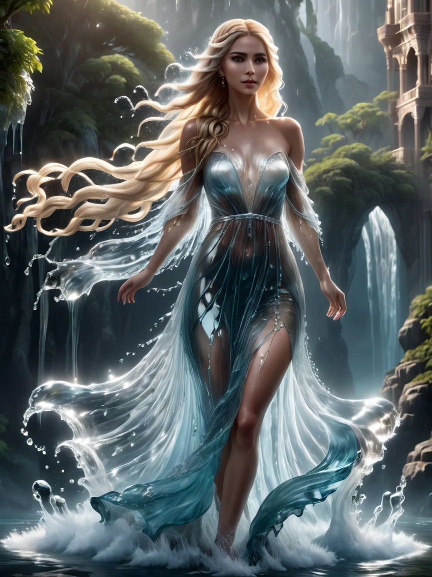 a breathtaking beautiful woman, 1girl, wearing a flowing water dress,((best quality)), ((masterpiece)), (detailed), 1girl, off shoulder victorian water dress, long golden hair passed her knees, shoes made of water, eyes like the sea, her dress is made of (water)  , [full body], ash blonde hair, award-winning, professional, highly detailed, 8k, photorealistic, cinematic lighting, dramatic atmosphere, fantasy, sci-fi, concept art