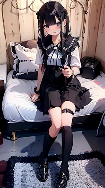 (Highest quality), (masterpiece), 1080P, High resolution, 4K, 8k, Thigh straps, Shooting from directly below, The woman on top of me, Nipples, 白いSweat, Covered , Sweat, Woman looking down, Micro Bikini, Skirt swimsuit, Thigh-high socks, To achieve this, 16 years old, Small breasts, whole body, Black leather shoes, Braided hair, Inner Color, Embarrassed face, Short black hair, bracelet, Bedroom