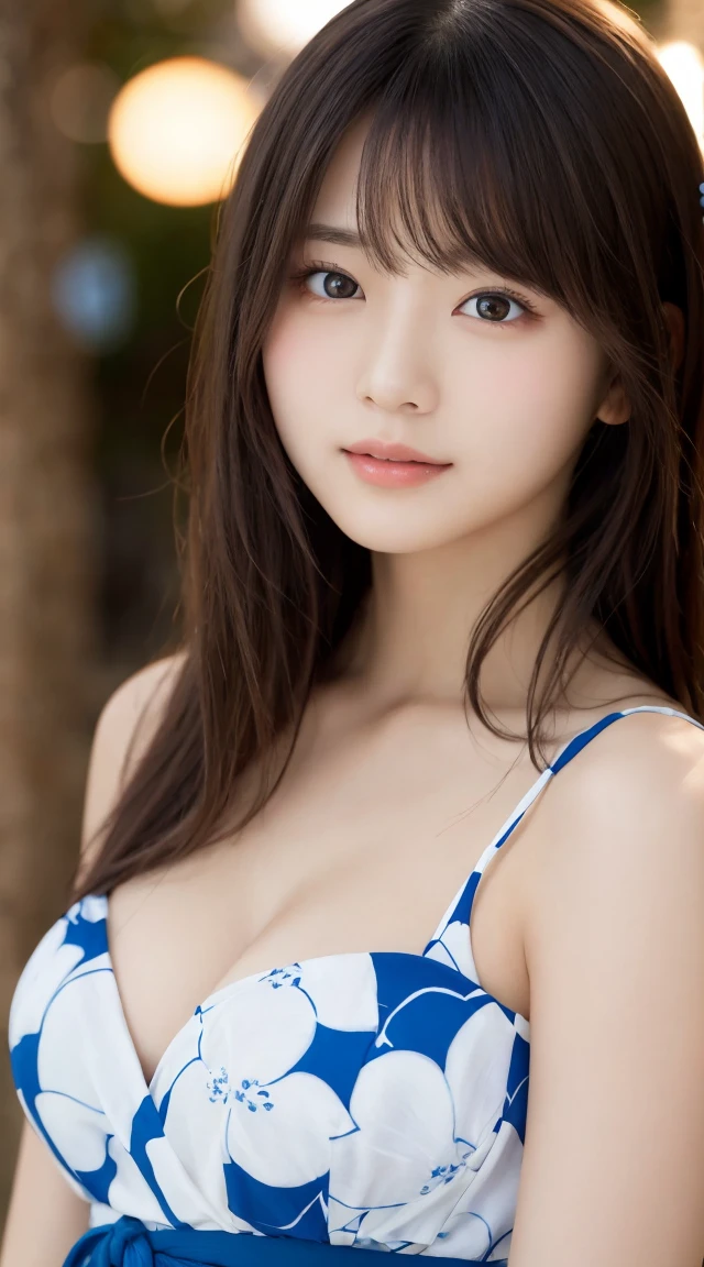 Tabletop、masterpiece、One Girl、(Face close-up、Cowboy Shot)、Front view from the front、Japanese、Very young and pretty woman、(The cutest girl in the world)、15-year-old student、Makes your face smaller、Big ample breasts、Attractive person、Super cute face、Glossy Lips、Double eyelids on both eyes、 Natural Makeup、Long eyelashes、Black Hair、Asymmetrical Bangs、Center image、8k resolution、Advanced Details、Detailed hairstyle、Detailed face、Great cinema lighting、Vibrant、Ultra-realistic、Perfect limbs、Perfect Anatomy、Against the background of fireworks、Wearing a yukata、View from the waist up、
