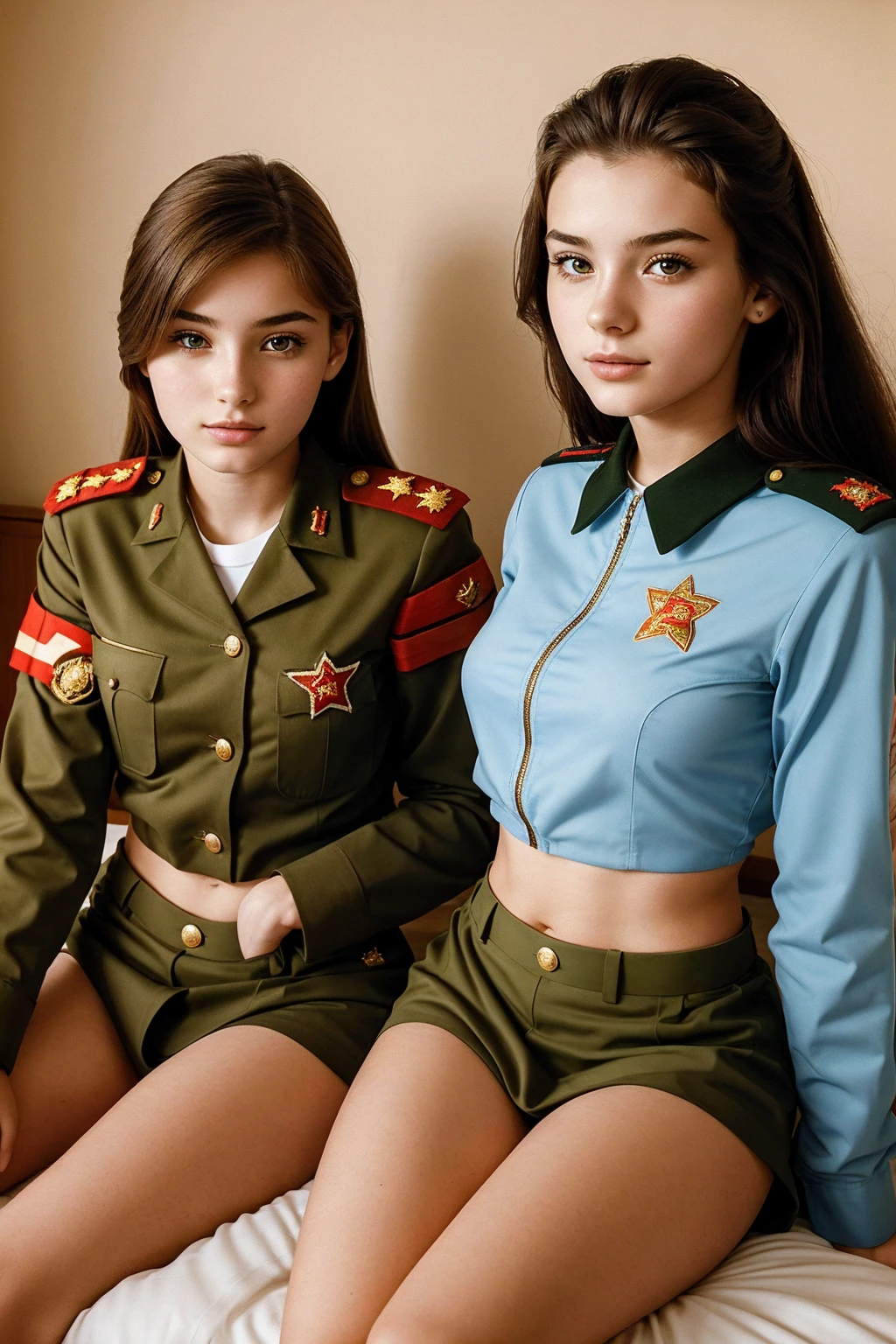 2 young beautiful women, 20 years old, wearing a skimpy soviet uniform, sitting close to each other on a bed