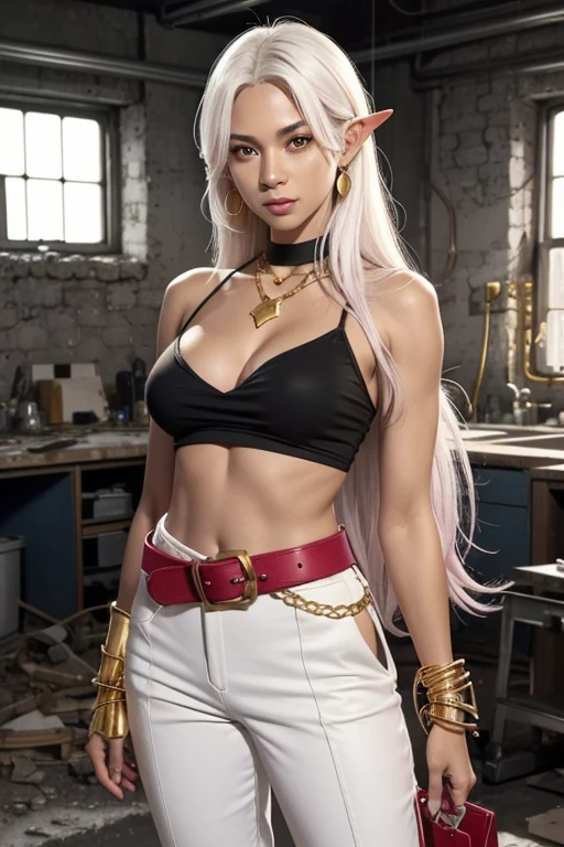 1girl, solo, mature woman, standing, arms crossed, black top, navel, bare shoulders, colored skin:1.1, pink skin:1.2, long hair, white hair, golden belt, baggy white pants, smooth tail, pointy ears, red eyes, black sclara, gold bracers, gold necklace, large hoop earnings,detailed background, lab, science equipment, destroyed lab, rubble,