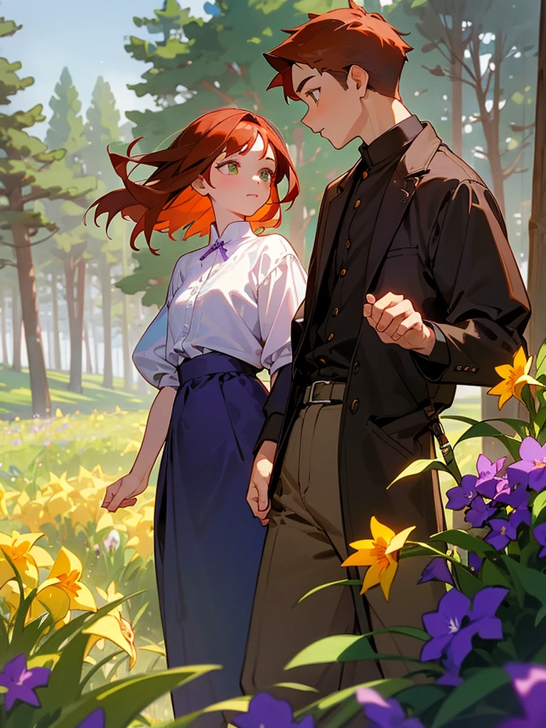 A girl walking with a boy ,The girl has reddish hair and light green eyes , the boy brown hair and amber eyes,the place around them is beautiful, hay sauces,Firs,pine trees along the way,gesture of an upholstered candle holder full of violets,daffodils and roses