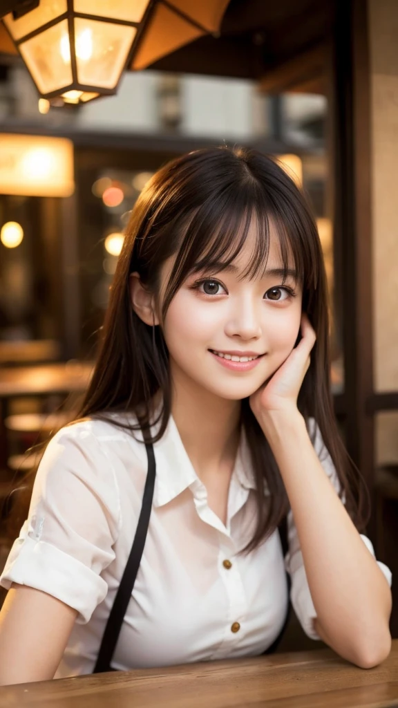 Cute girl working at a cafe terrace　Japanese　１９age　
Professional Lighting　Digital SLR　Beautiful and elaborate face　Perfect and beautiful face　Big eyes Smile