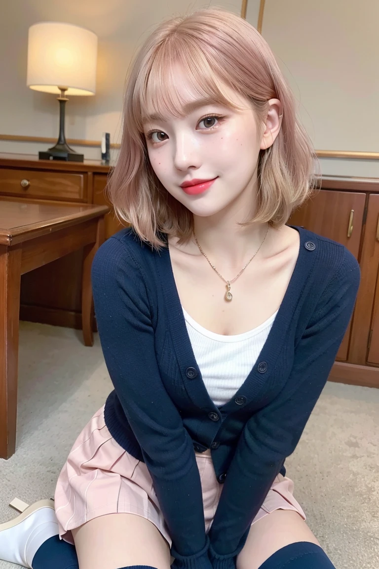 RAW Photos,(8k)、(Highest quality:1.2)、(Realistic)、(Realistic:1.37)、Ultra-high resolution、Selfieしてるの女子高生の写真、Selfie、(school uniform)、(Navy Blue Cardigan)White Shirt、tie、Pleated skirt、(Bruny High Socks)、(1 female、Half Korean and half Ukrainian、80% Korean、23 years old、cute、smile、Mouth closed、Thick lips、Red lips、Face with freckles、Aquiline Nose、Teardrop(Light pink hair that is almost blonde 1.4))、slightly plump cheeks、round face、Bob Hair、short hair、Berry Short、gray eye colour、Medium chest、indoor、Top、Face close-up、Thin Necklace、 (Mid Shot:1.2)