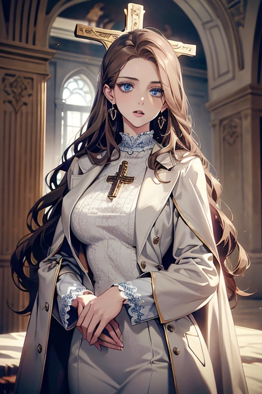 white girl about 25 years old, thin, elegant and beautiful clothes, with crucifix details, crucifix earrings, blind blue eyes, in a European mansion, long wavy brown hair