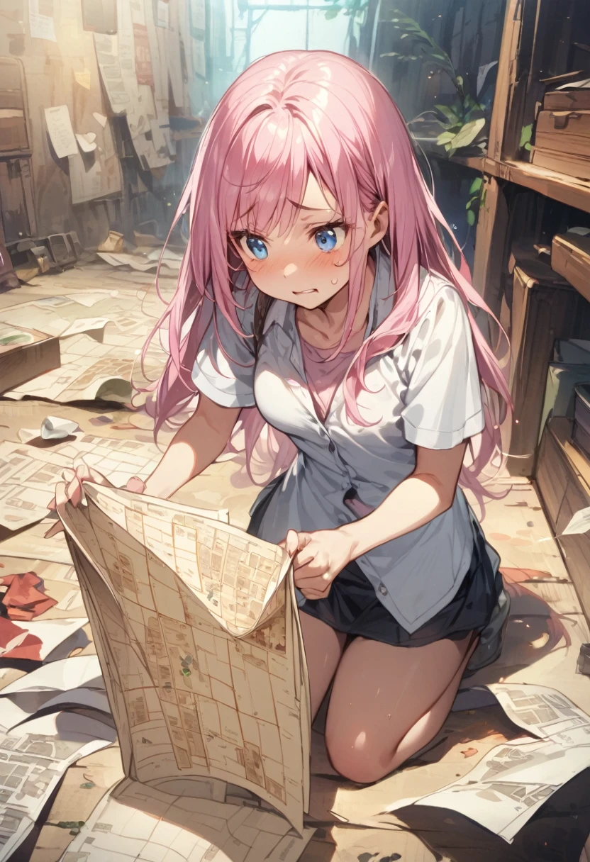 A scene from a movie、whole body、Lost Underground、lost、View a folded paper map、Troubled face、Girl with pink hair、blue eyes