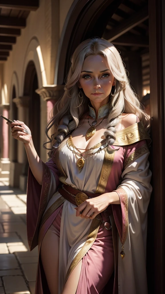 medieval fantasy, priestess in her late 40s, warm and welcoming presence, long wavy brown hairs, pink and gold ribbons, gentle green eyes, fair skin bears the soft lines of age and wisdom, flowing pink and gold robes, gold pendant, in a temple