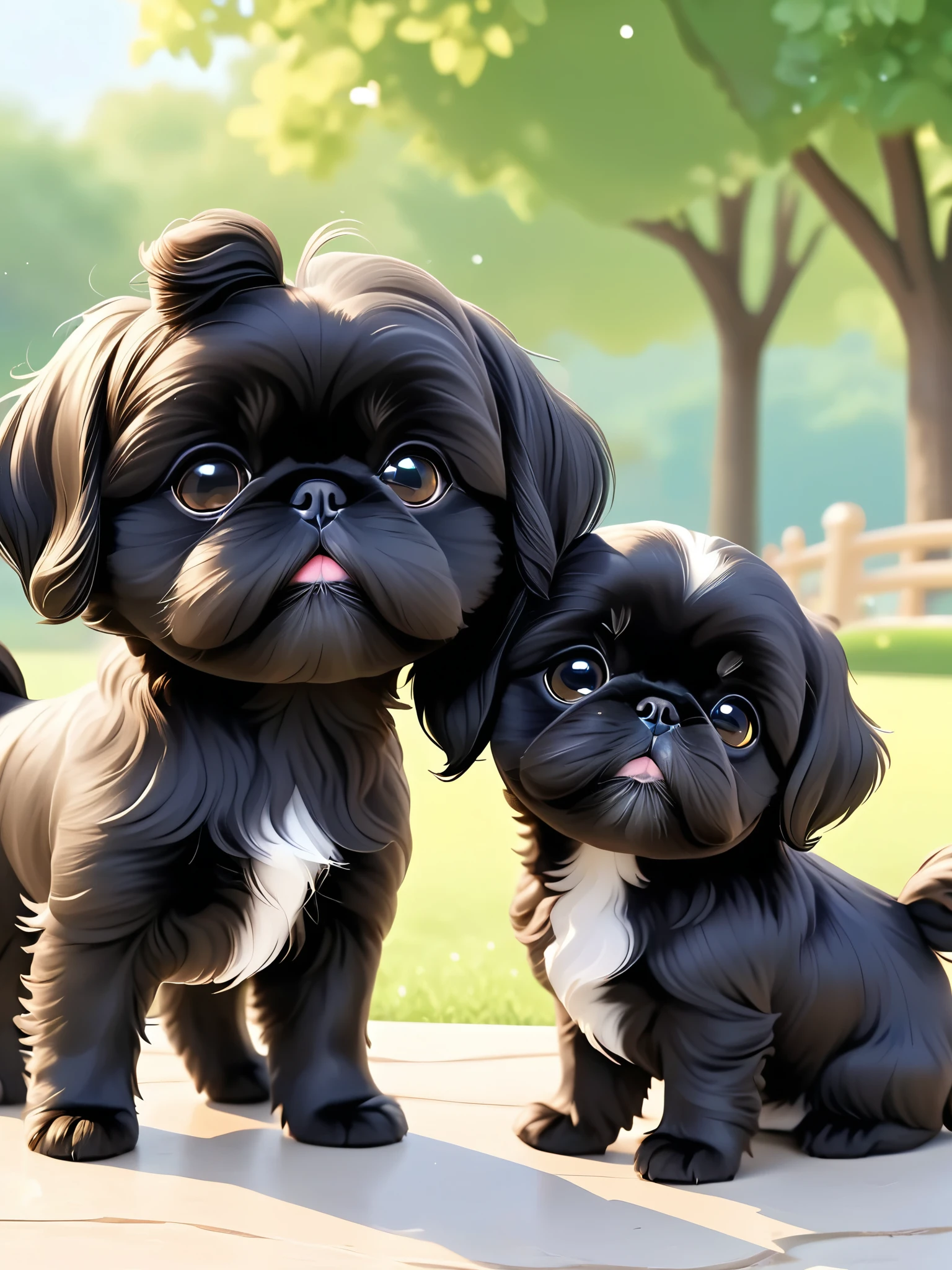 2 adorable small black Shih Tzu puppies Close one eye:1.6)，3D Rendering，park background，close up，chibi anime，Surrealism，cartoon Q version