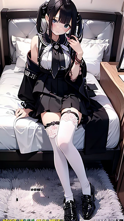 (Highest quality), (masterpiece), 1080P, High resolution, 4K, 8k, Thigh straps, Shooting from directly below, The woman on top of me, Nipples, 白いSweat, Covered , Sweat, Woman looking down, Micro Bikini, Skirt swimsuit, Thigh-high socks, To achieve this, , Small breasts, whole body, Black leather shoes, Braided hair, Inner Color, Embarrassed face, Short black hair, bracelet, Bedroom