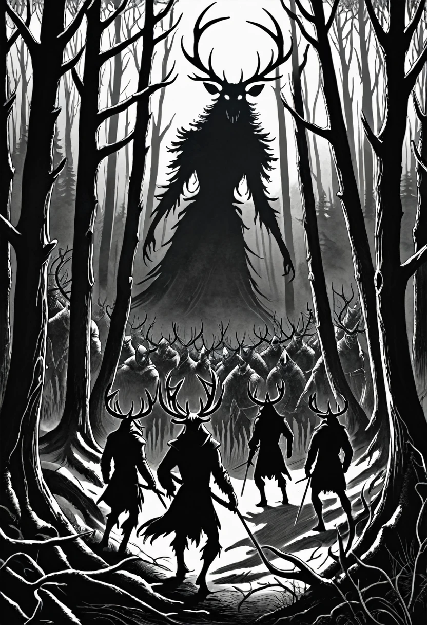 An antique black and white engraving showing a group of hunters confronting a Wendigo in a dense forest.