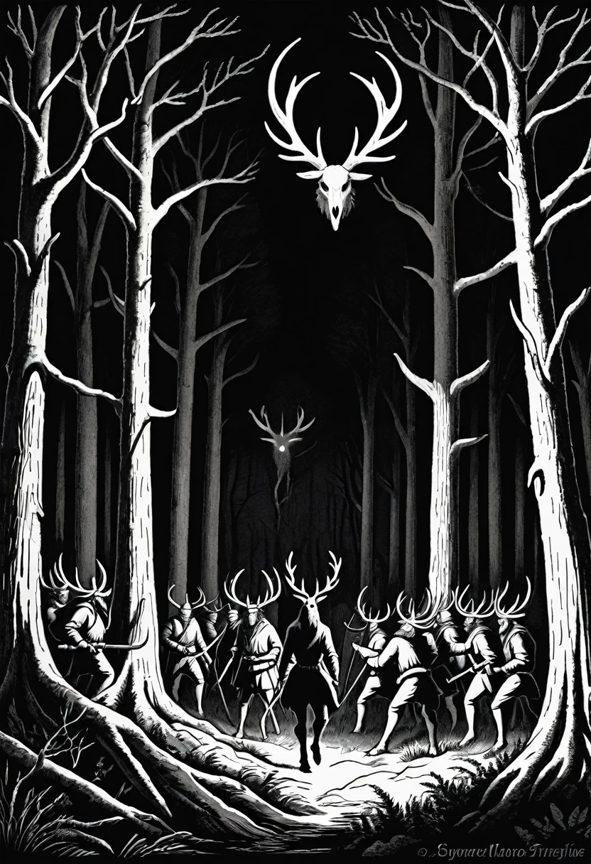 An antique black and white engraving showing a group of hunters confronting a Wendigo in a dense forest.