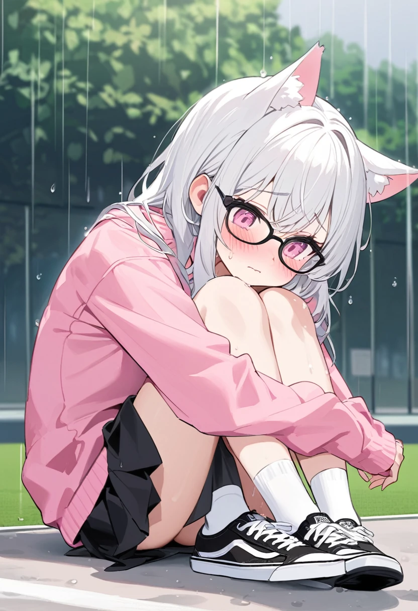 that she is in a park on a rainy day and that she is wet that she has a shy face that she has white hair some cat ears some black glasses pink eyes a super blushing big pink sweatshirt a black skirt some white socks some black Vans tennis shoes and she is a super reserved girl