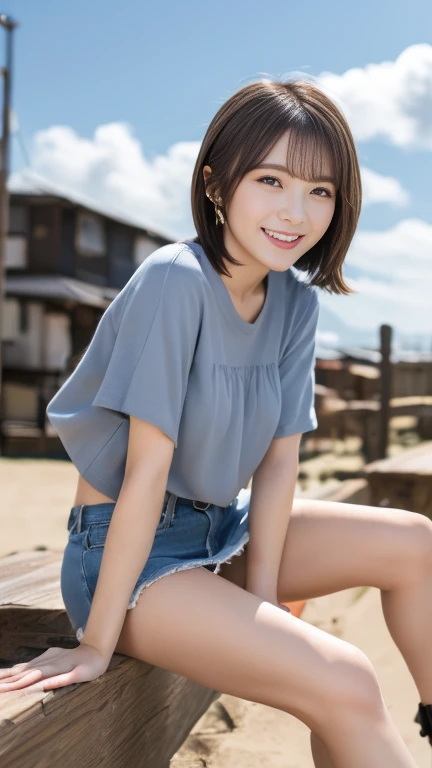 (((Tabletop, Highest quality, shape, Very detailed, Body with detailed bone structure、Delicately drawn hands and feet))), (((High resolution, 8k wallpaper, Perfect dynamic composition、No blur)))、Summer sunny sky、blue sea、Sandy Beach、(Background is sky:1.9)、Japanese women、30 years old、short hair、Beautiful attention to detail, cute、smile、Leaning forward、Denim mini skirt、(Panties are slightly visible.6)、T-Shirts、((Cleavage:0.5)), Spread your legs out to the side、Face and body facing forward、She looks shy in front of the camera